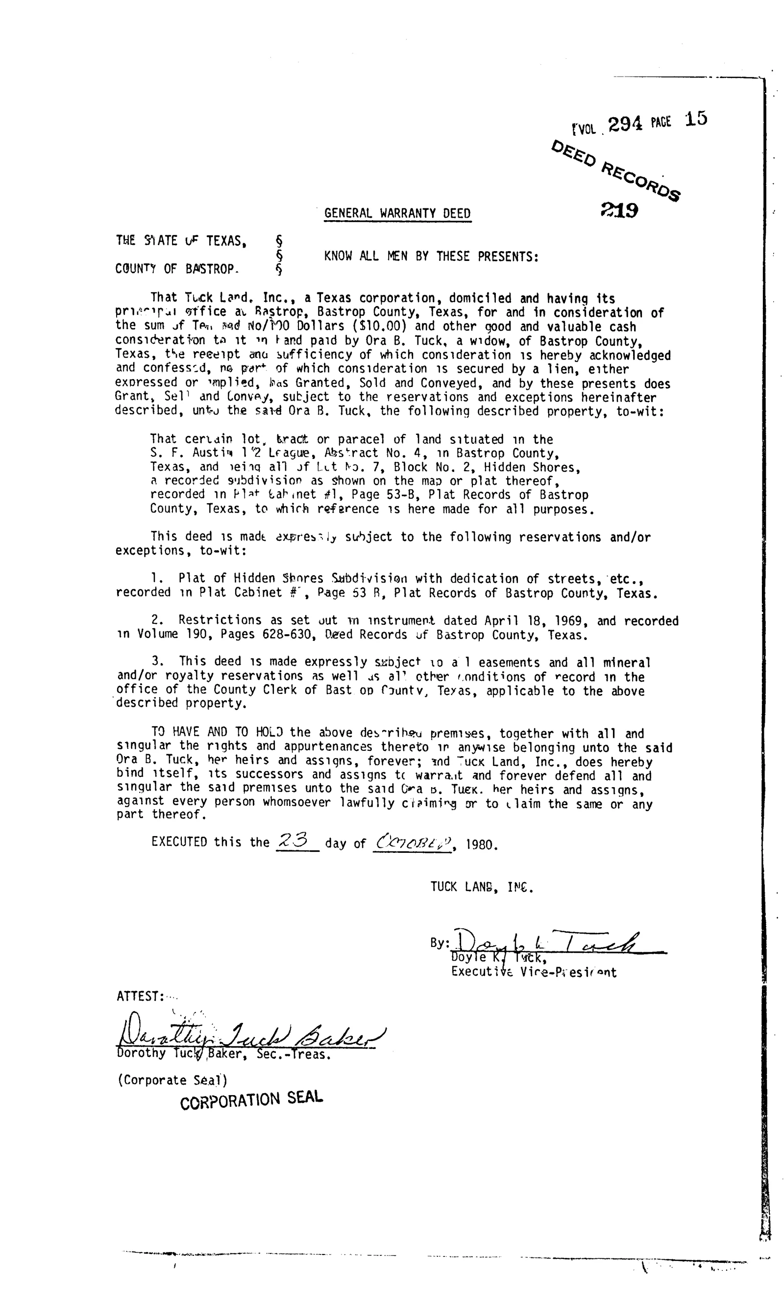 Tuck Land Inc. - Recorded Deed (Vol. 294, Page 15)