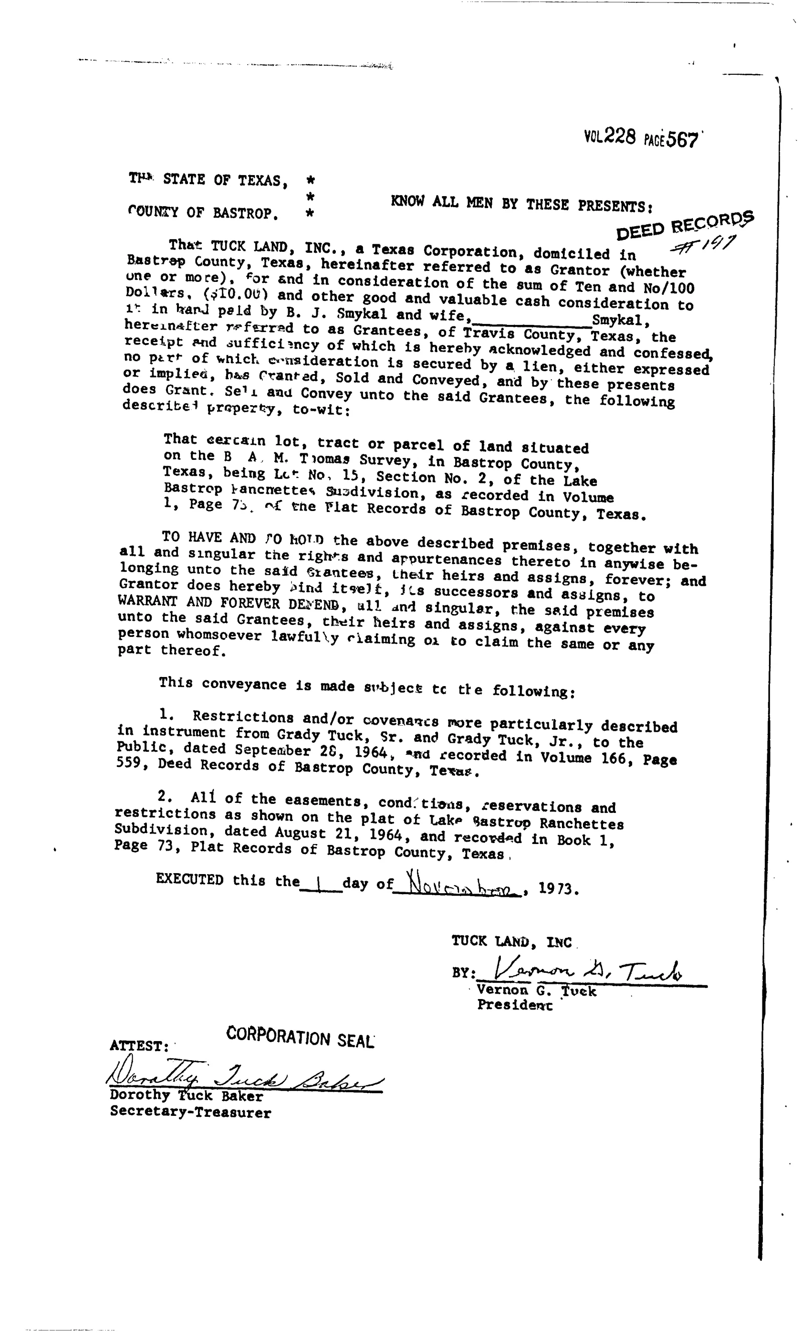 Tuck Land Inc. - Recorded Deed (Vol. 228, Page 567)